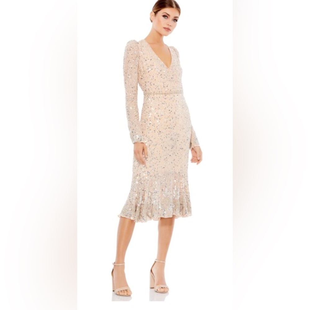 Mac Duggal Champagne Sequin Long Sleeve V-Neck Cocktail Dress